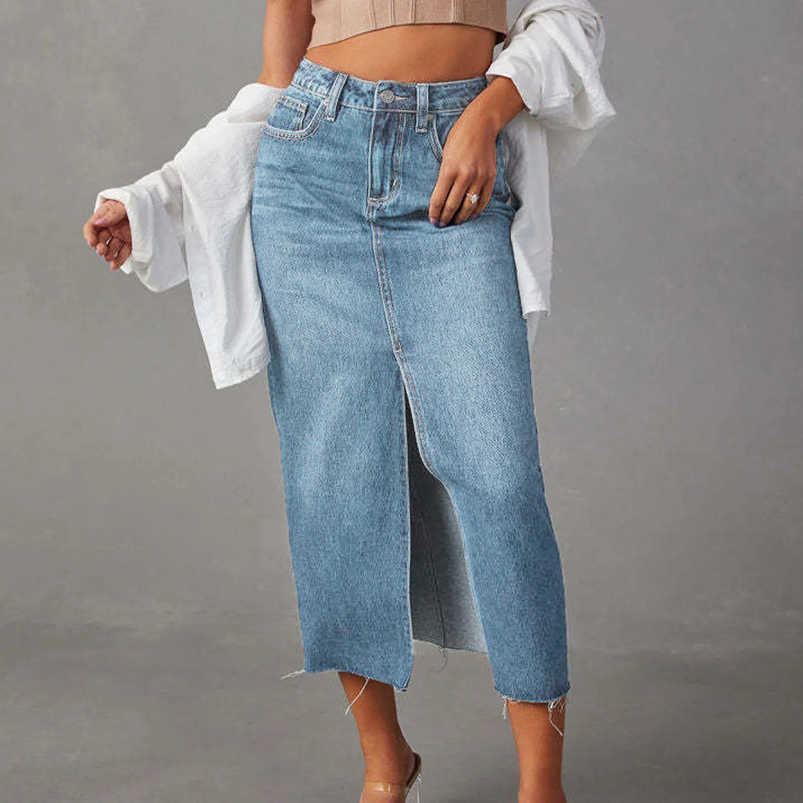 High-Waist Denim Rok met Split